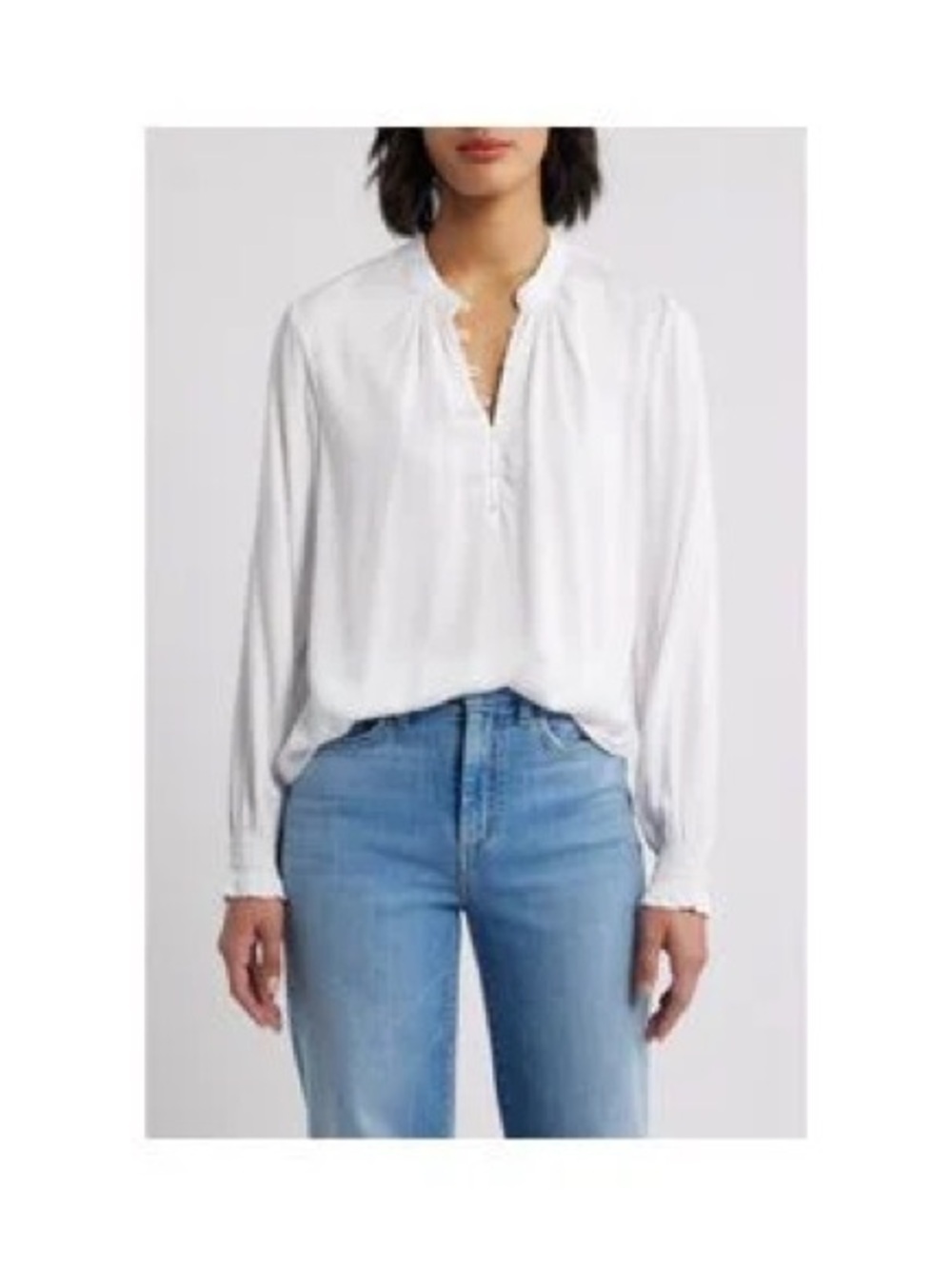 cloth & stone tencel Lyocell White Long-Sleeve V-Neck Ruffle Blouse